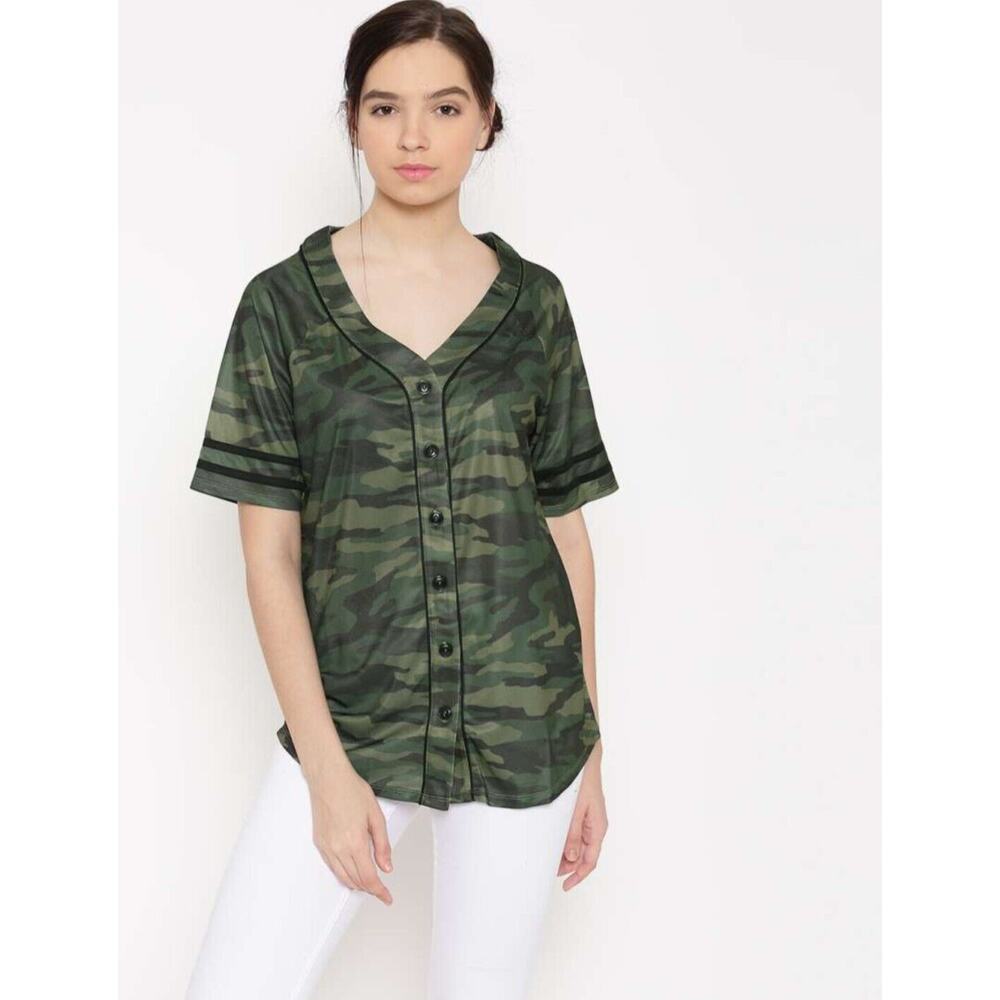 Forever 21 Women's Camo Baseball Jersey Green Short Sleeve Size Large